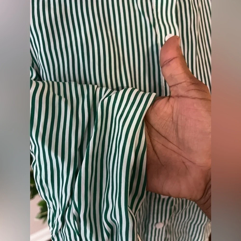 J.Crew Drapey Cupro Blend Ruffle Trim Striped Shirt White/Green size M